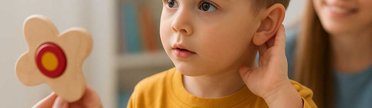 Bambino che ascolta attentamente durante un gioco educativo, simbolo dell’importanza di riconoscere precocemente i segnali di ipoacusia nei bambini